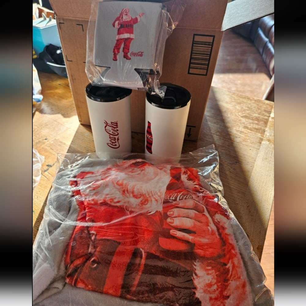 Coca-Cola Red and White Santa Tumblers, Blanket and Cozies